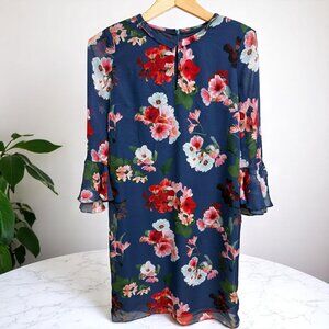 Sara Campbell Navy Floral Bell Ruffle Sleeve  Knee Length Dress